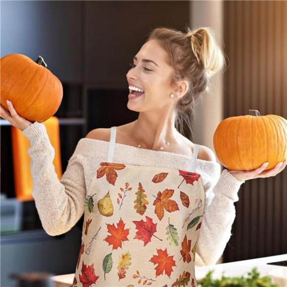 Whaline‎ 2 Pack Fall Apron Maple Leaves Pumpkins Sunflowers Linen Chef Cooking - Picture 7 of 8